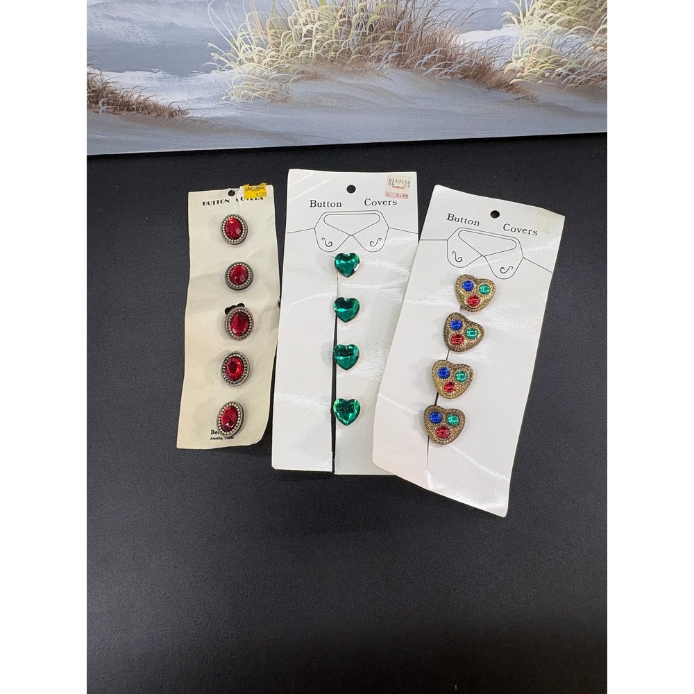Vintage Button Covers Lot 13pc Red Green Multi Rhinestone Heart Oval Shapes